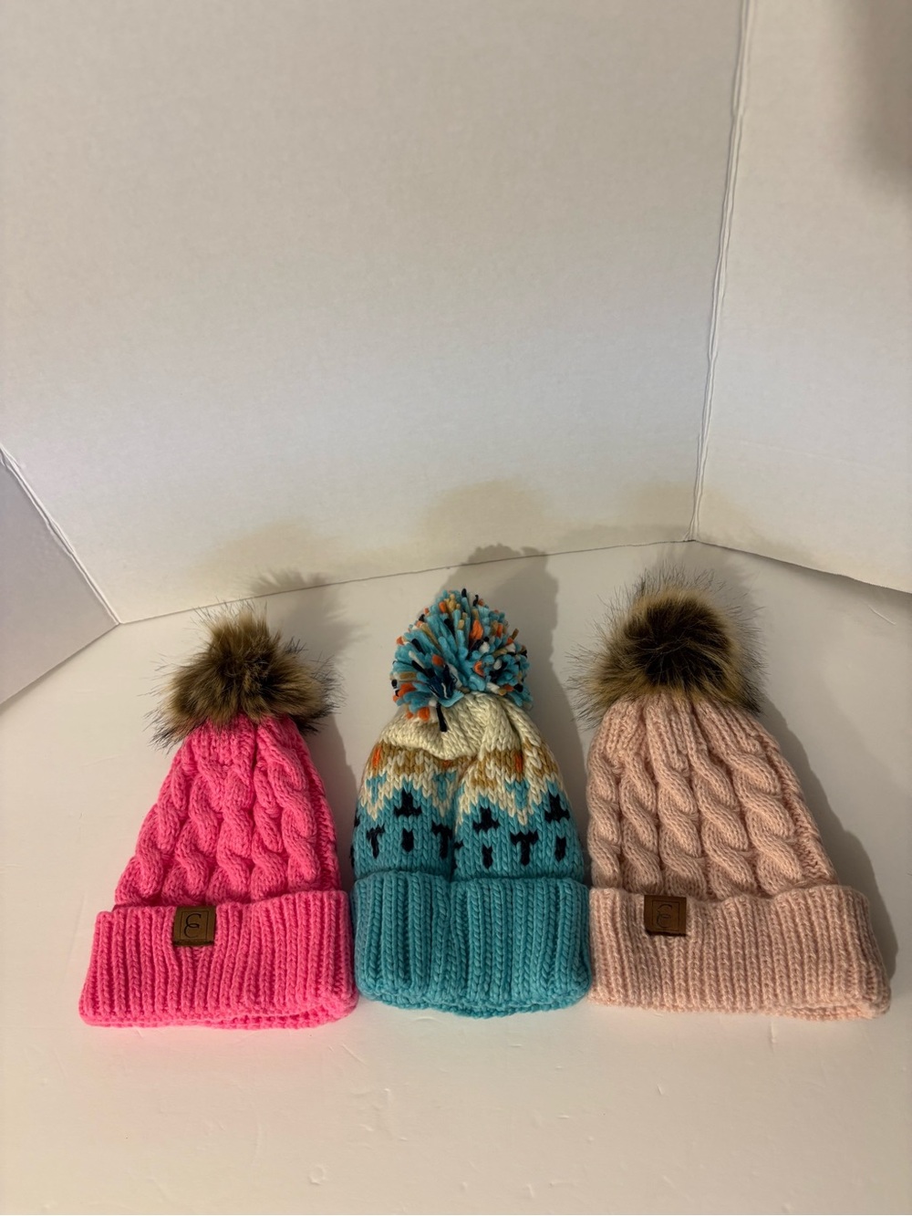 Three Women’s Cable Knit Beanies With Pom Pom- Light Pink , Dark Teal & Hot Pink
